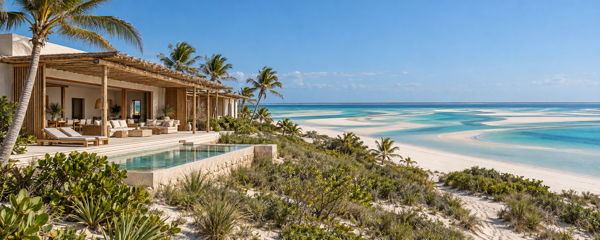 Conceito de villa contemporânea junto ao oceano Índico com piscina e vegetação preservada